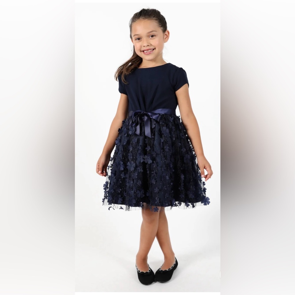 Girls Navy Blue Floral Mesh Dress-Nordstrom